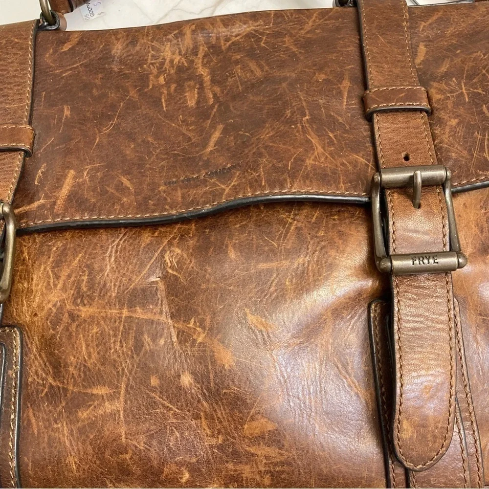FRYE amazing distressed leather briefcase bag unisex BEAUTIFUL brown